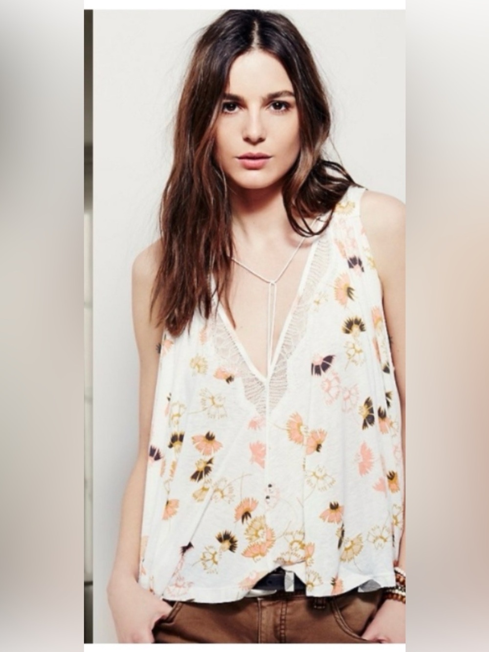Free People Floral Lace Boho Tank Top XS white Orange Flowy Tunic